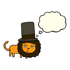 cartoon lion in top hat with thought bubble