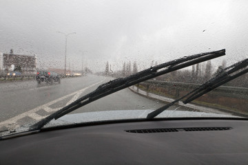 Rainy day in car on the road