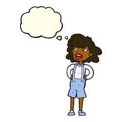 cartoon woman in dungarees with thought bubble