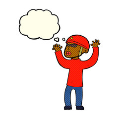 cartoon security man panicking with thought bubble