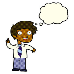 cartoon school boy with idea with thought bubble