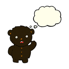 cartoon unhappy black teddy bear with thought bubble