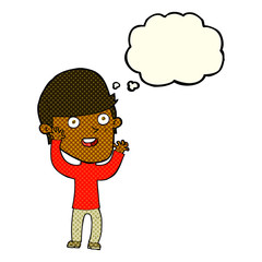 cartoon happy man with thought bubble