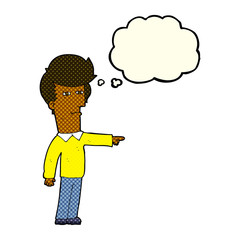 cartoon man blaming with thought bubble