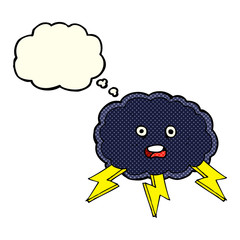 cartoon cloud and lightning bolt symbol with thought bubble