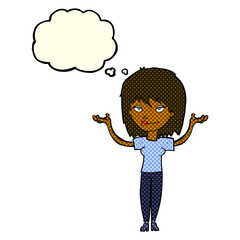 cartoon woman shrugging with thought bubble