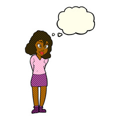 cartoon confused woman with thought bubble