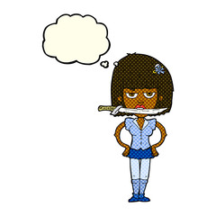 cartoon woman with knife between teeth with thought bubble