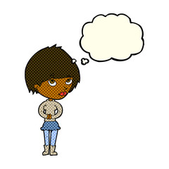 cartoon nervous woman with thought bubble