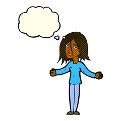 cartoon woman shrugging shoulders with thought bubble