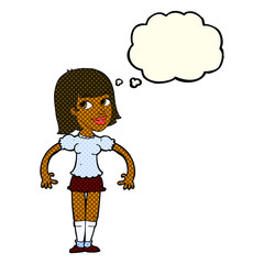 cartoon woman shrugging shoulders with thought bubble