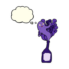 cartoon ghost in bottle with thought bubble