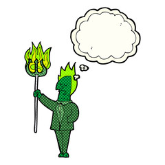 cartoon devil with pitchfork with thought bubble