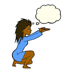 cartoon woman casting spell with thought bubble