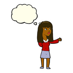cartoon woman gesturing to show something with thought bubble