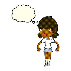 cartoon happy woman with thought bubble