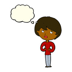 cartoon woman making Who Me? gesture with thought bubble