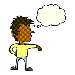 cartoon man making camp gesture with thought bubble