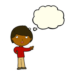 Obraz na płótnie Canvas cartoon boy pointing with thought bubble