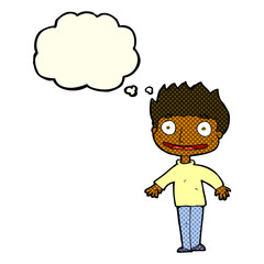 cartoon excited boy with thought bubble
