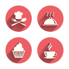 Food icons. Muffin cupcake symbol. Fork, spoon.