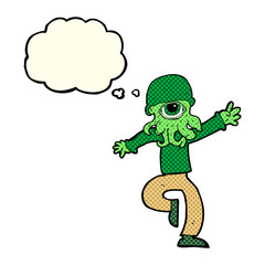 cartoon alien monster man with thought bubble