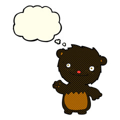 cartoon waving black bear cub with thought bubble