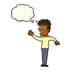 Fototapeta premium cartoon happy boy waving with thought bubble