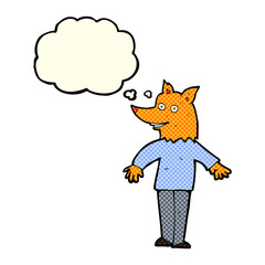 cartoon happy fox man with thought bubble