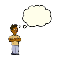 cartoon man with crossed arms with thought bubble