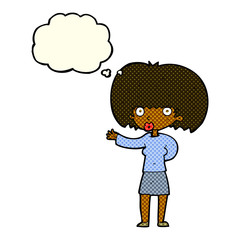 cartoon woman gesturing with thought bubble