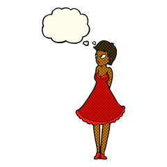 cartoon pretty woman in dress with thought bubble