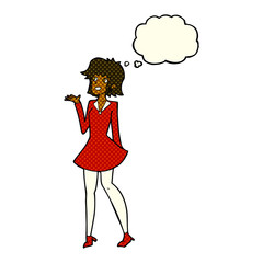 cartoon pretty woman in dress with thought bubble