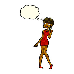 cartoon woman in cocktail dress with thought bubble