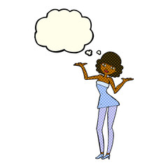 cartoon woman in cocktail dress with thought bubble