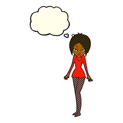 cartoon woman in short dress with thought bubble