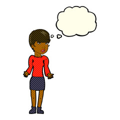 cartoon confused woman with thought bubble