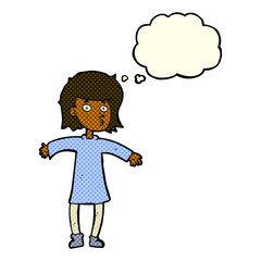 cartoon nervous woman with thought bubble