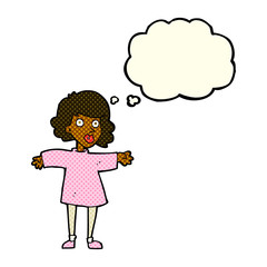 cartoon nervous woman with thought bubble