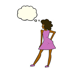 cartoon woman posing in dress with thought bubble