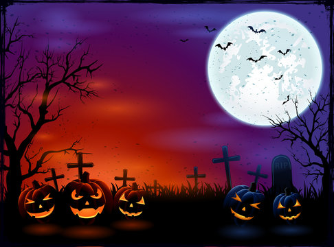 Halloween background with Moon and pumpkins