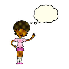 cartoon girl waving with thought bubble