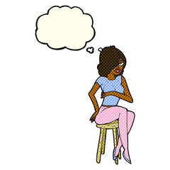 cartoon woman sitting on bar stool with thought bubble