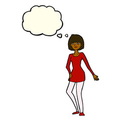 cartoon woman in dress with thought bubble