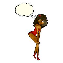 cartoon woman in lingerie with thought bubble