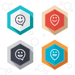 Happy face speech bubble icons. Pointer symbol.