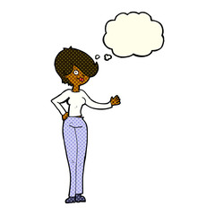 cartoon woman waving with thought bubble