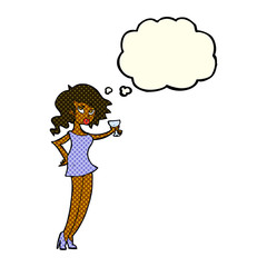 cartoon woman at party with thought bubble