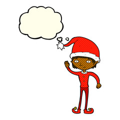 cartoon waving christmas elf with thought bubble