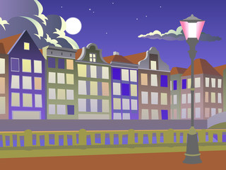 The night in a city. Illustration of the embankment in an european city at night, with a lighted lamppost, buildings and a river in the background. Empty space leaves room for design elements or text.